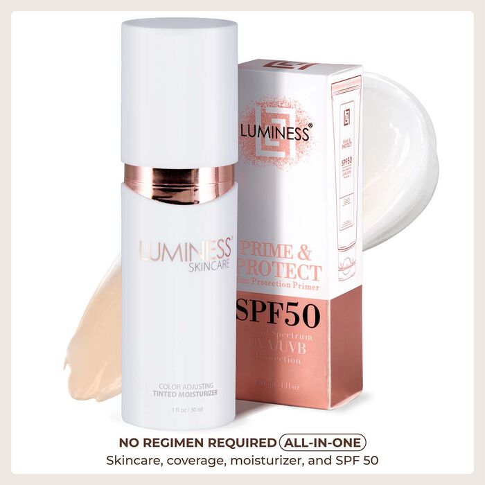 Woman holding Luminess Color Adjusting Tinted Moisturizer SPF Kit demonstrating effortless shade matching technology and radiant skin.