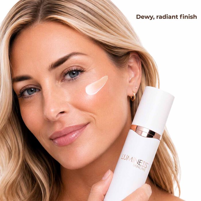 Luminess Color Adjusting Tinted Moisturizer SPF Kit benefits including SPF 50 protection, fragrance-free formula, no white cast, and a dewy radiant finish.
