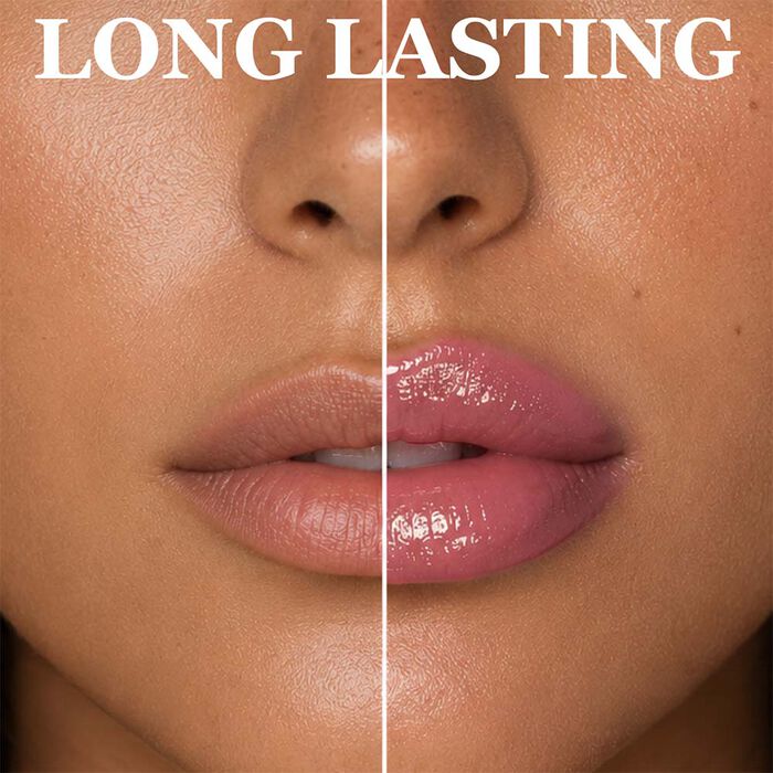 Before and after comparison showing Hot Kiss Lip Plumper creating fuller, glossy lips with long-lasting wear